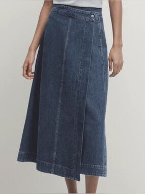 Massimo Dutti Classic Dark Blue Denim A-Line Wrap Skirt